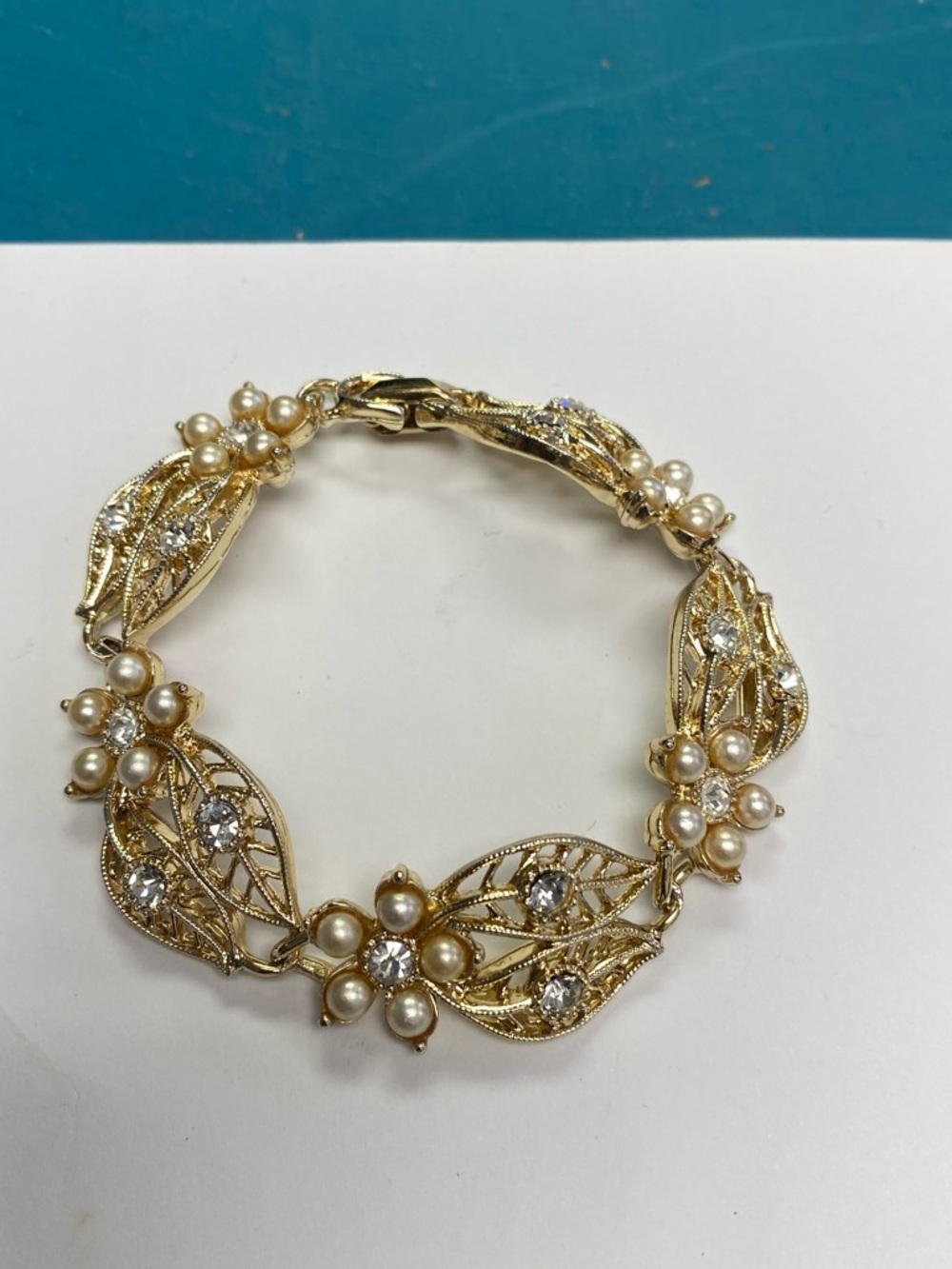 Vintage Signed Emmet Gold Pearl and Crystal Floral Link Bracelet